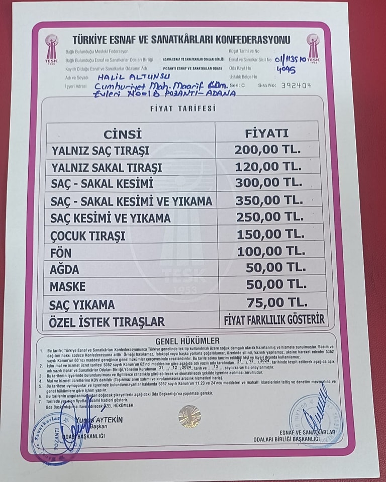 BU TARİFEYİ BERBER ESNAFINA KOLAYLIK OLSUN DİYE YAYINLIYORUZ.